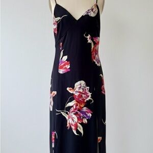 Dynamite| Black Satin Backless Midi Dress with Floral Accents & Side Slit Sz S